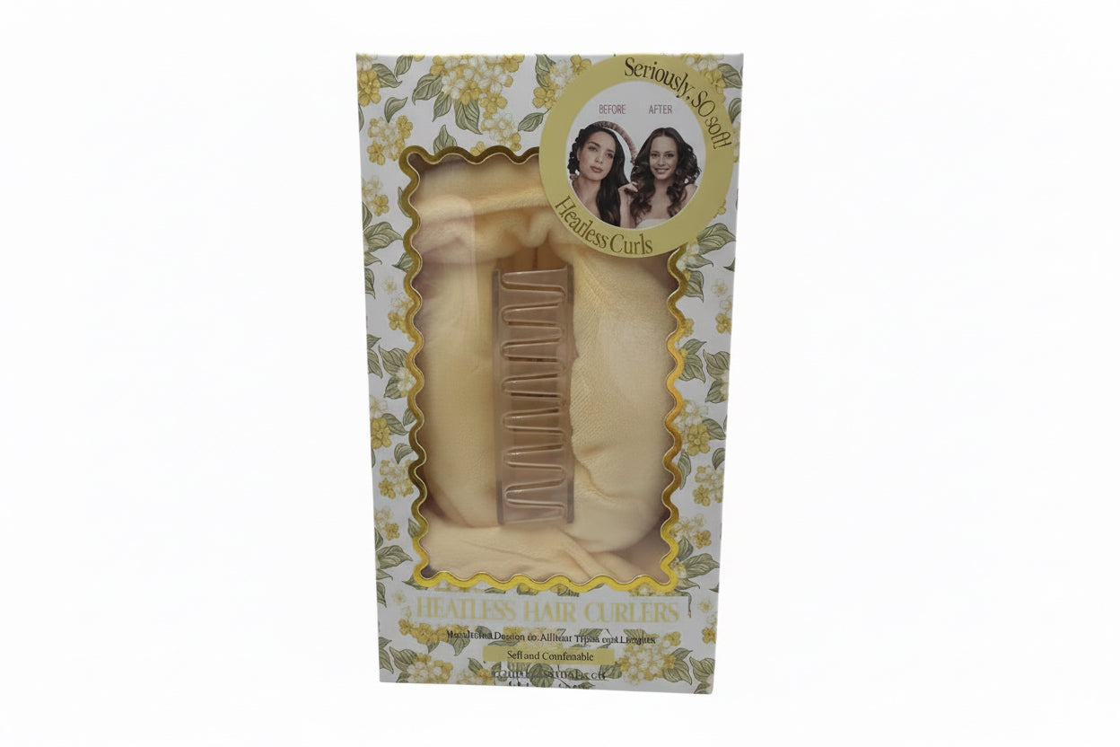 Box for "Heatless Hair Curler" with a soft yellow fabric curler, clear clip, floral design. Sizes: S, M, L.
