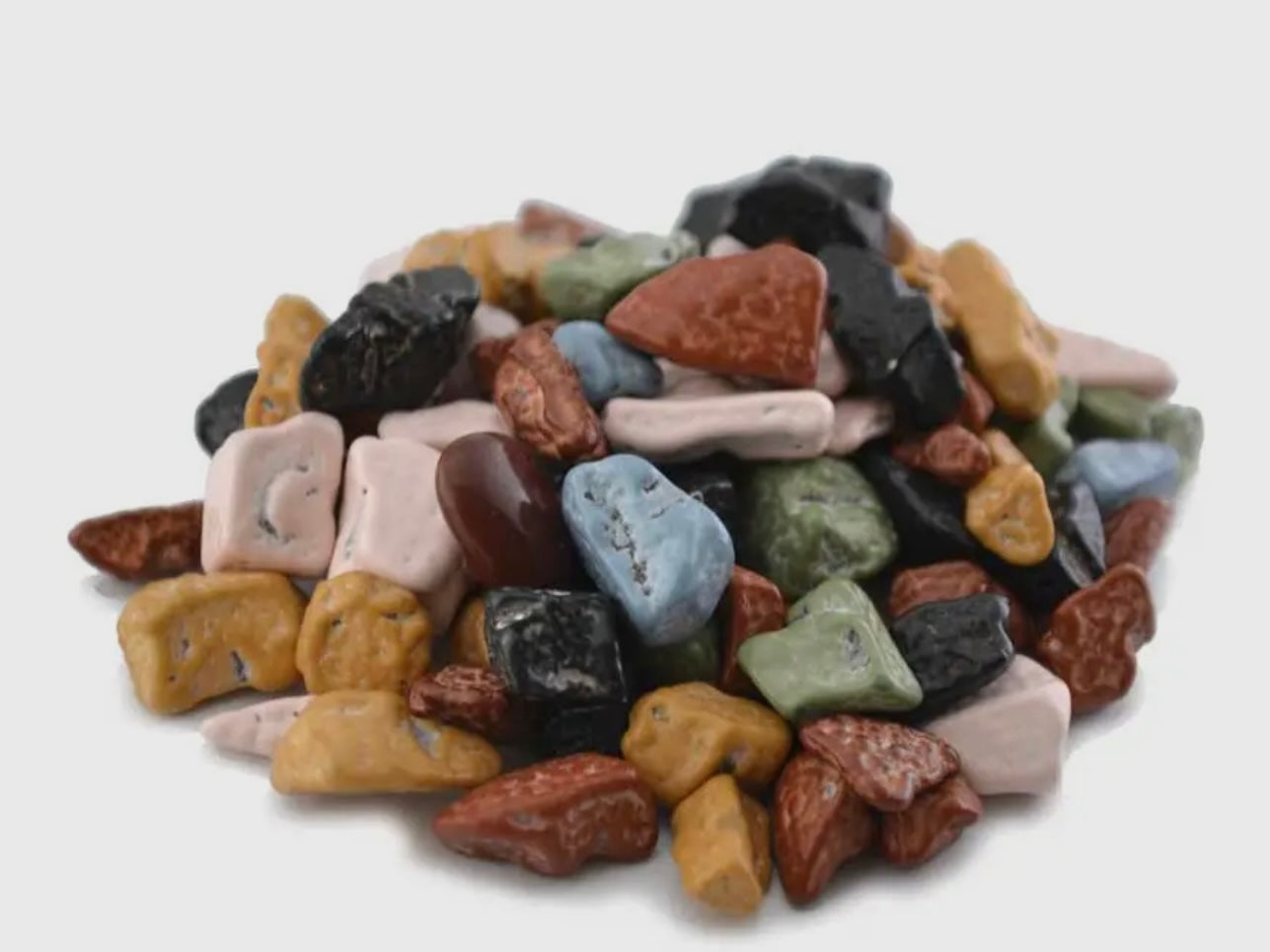 Chocolate Rocks candy, 4oz; colorful marbled pieces in brown, black, green, blue, pink, and white.