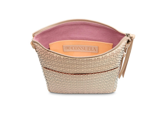 Small beige woven crossbody pouch with zipper, pink lining, leather patch, adjustable strap. Available in one size.