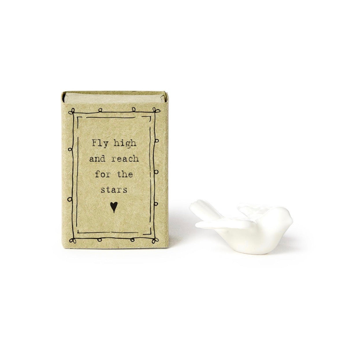 Small beige matchbox with "Fly high and reach for the stars" text, includes a miniature white ceramic dove figurine. Sizes available upon request.