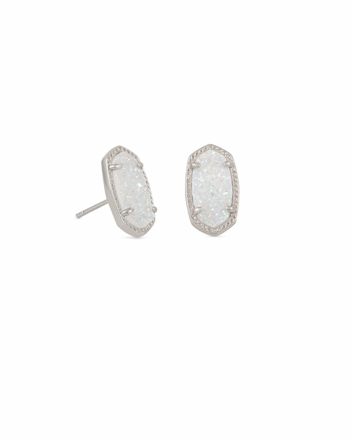 Ellie Silver Stud Earrings by Kendra Scott with iridescent drusy stones in textured silver frames. Available in one size.