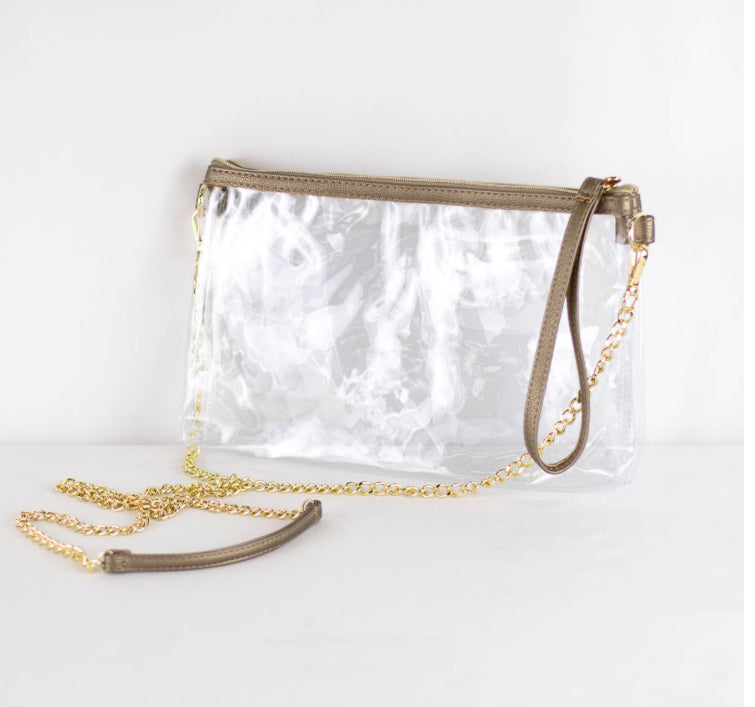 The Candace Double Zip Crossbody is a clear purse with brown edges, gold zipper, and chain strap. Available in small and medium.