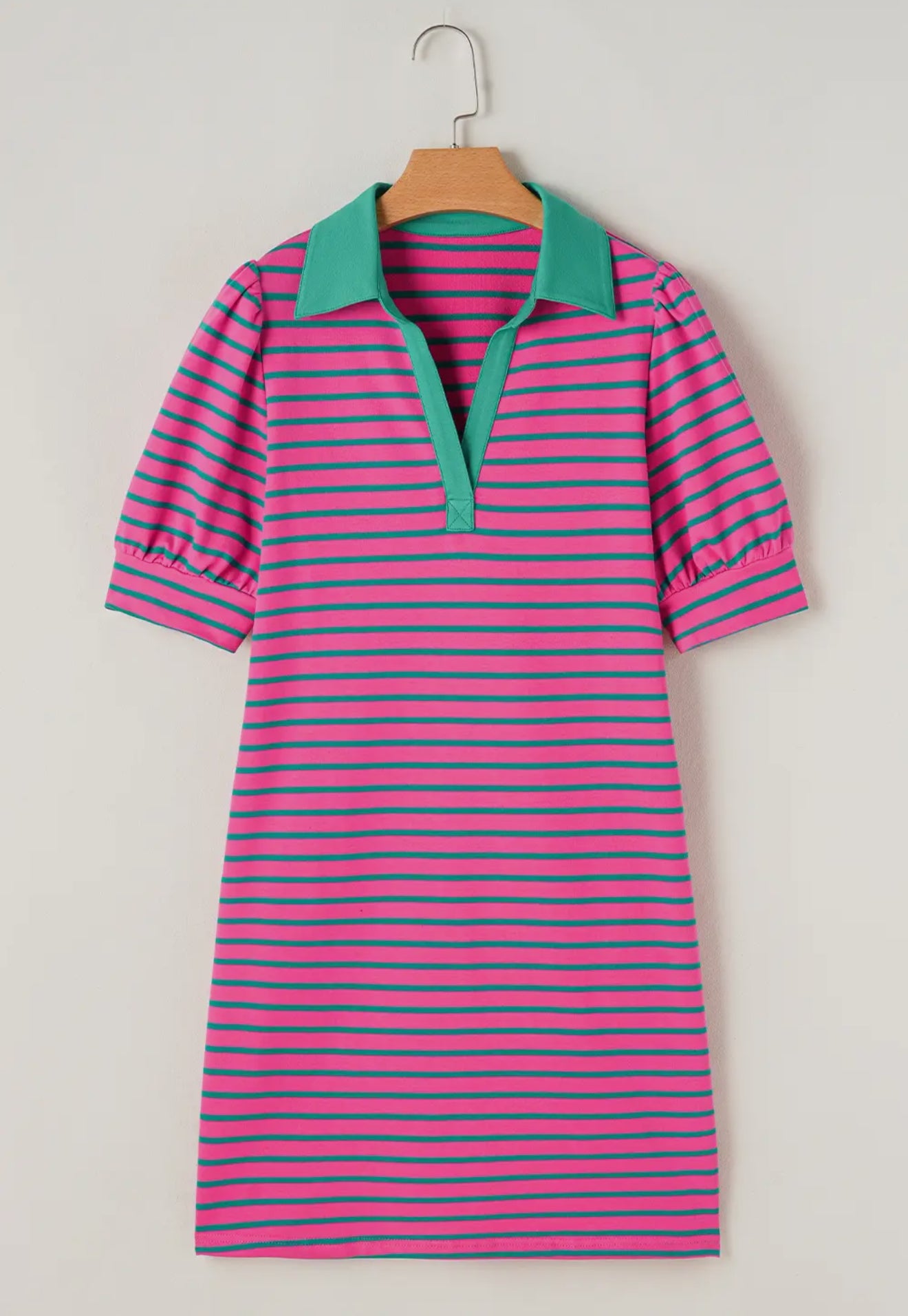 Striped Puff Sleeve Dress with pink and blue stripes, puffed sleeves, green collar. Available in sizes XS-L.