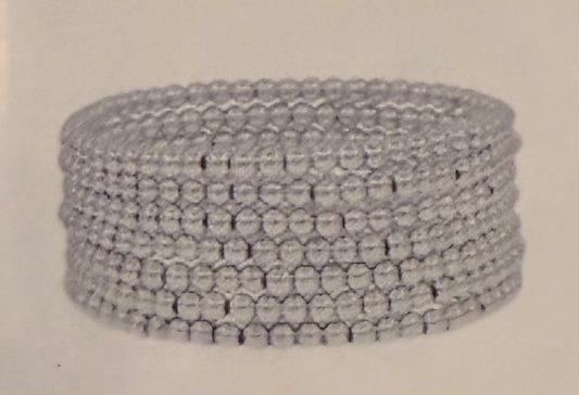Mya Six Strand Stretch Bracelet with clear, circular beads in rows; round, stackable design. Available in S/M and M/L sizes.