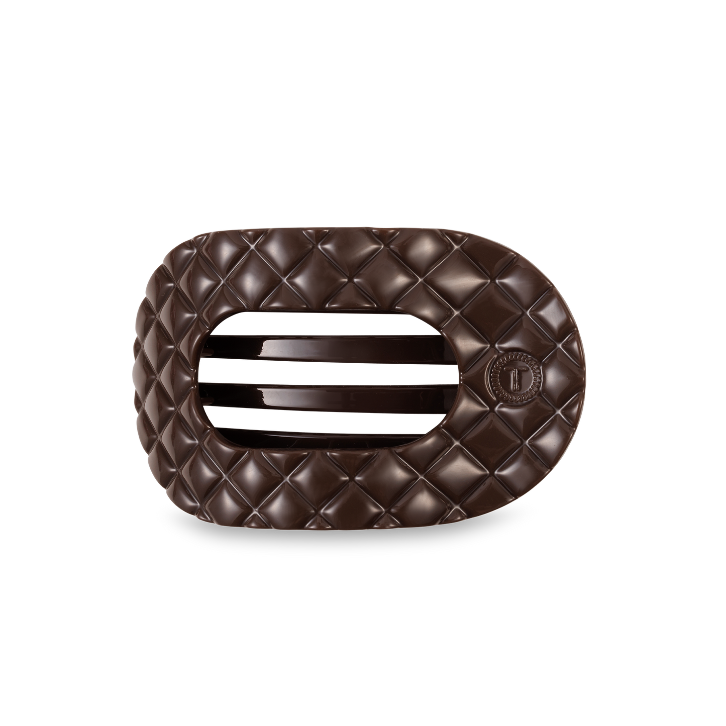 Dark chocolate piece, oval cushion shape with quilted pattern and center slits. Available in small, medium, and large sizes.