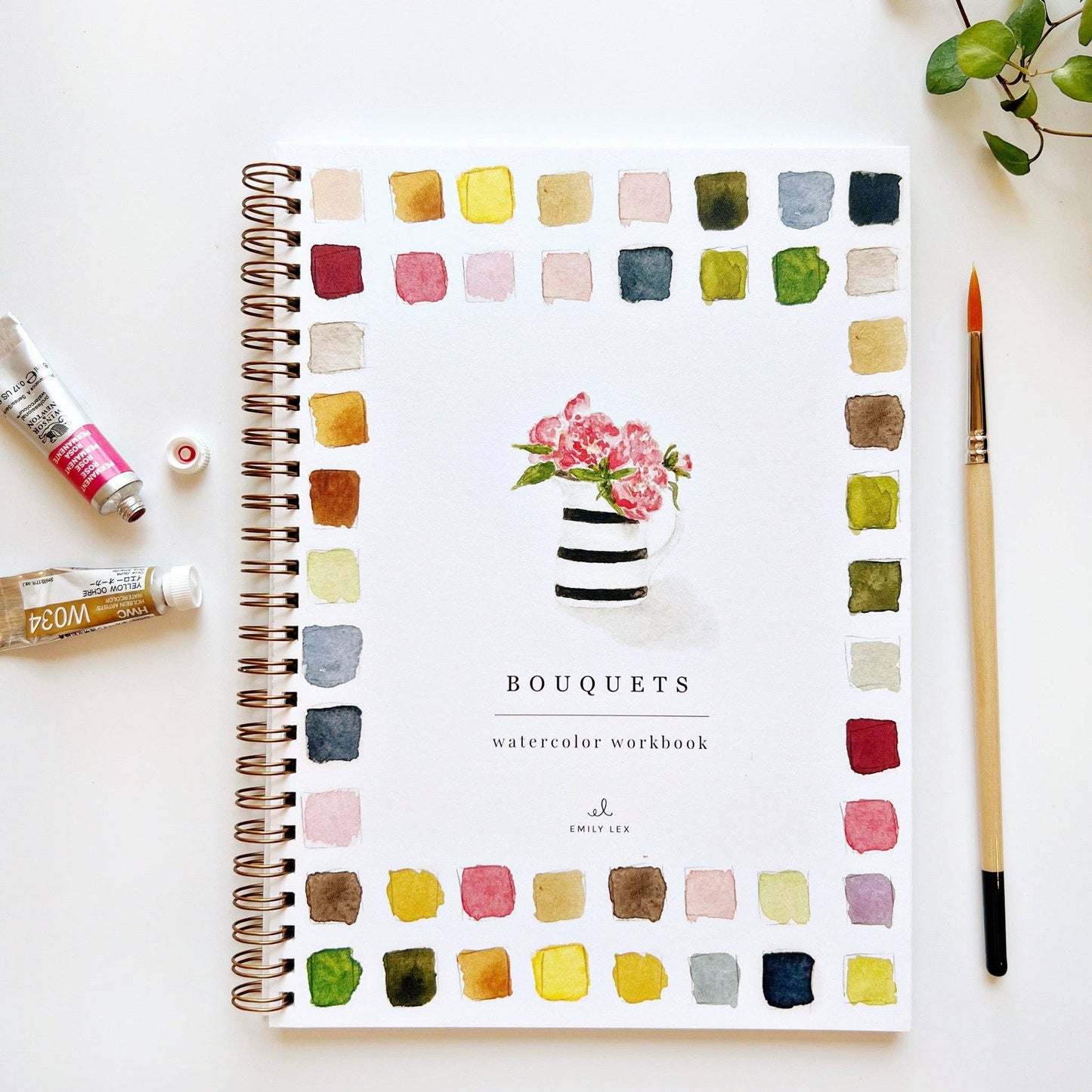 Bouquets Watercolor Workbook: spiral-bound, floral bouquet art, colorful paint swatches on cover. Size options not shown.
