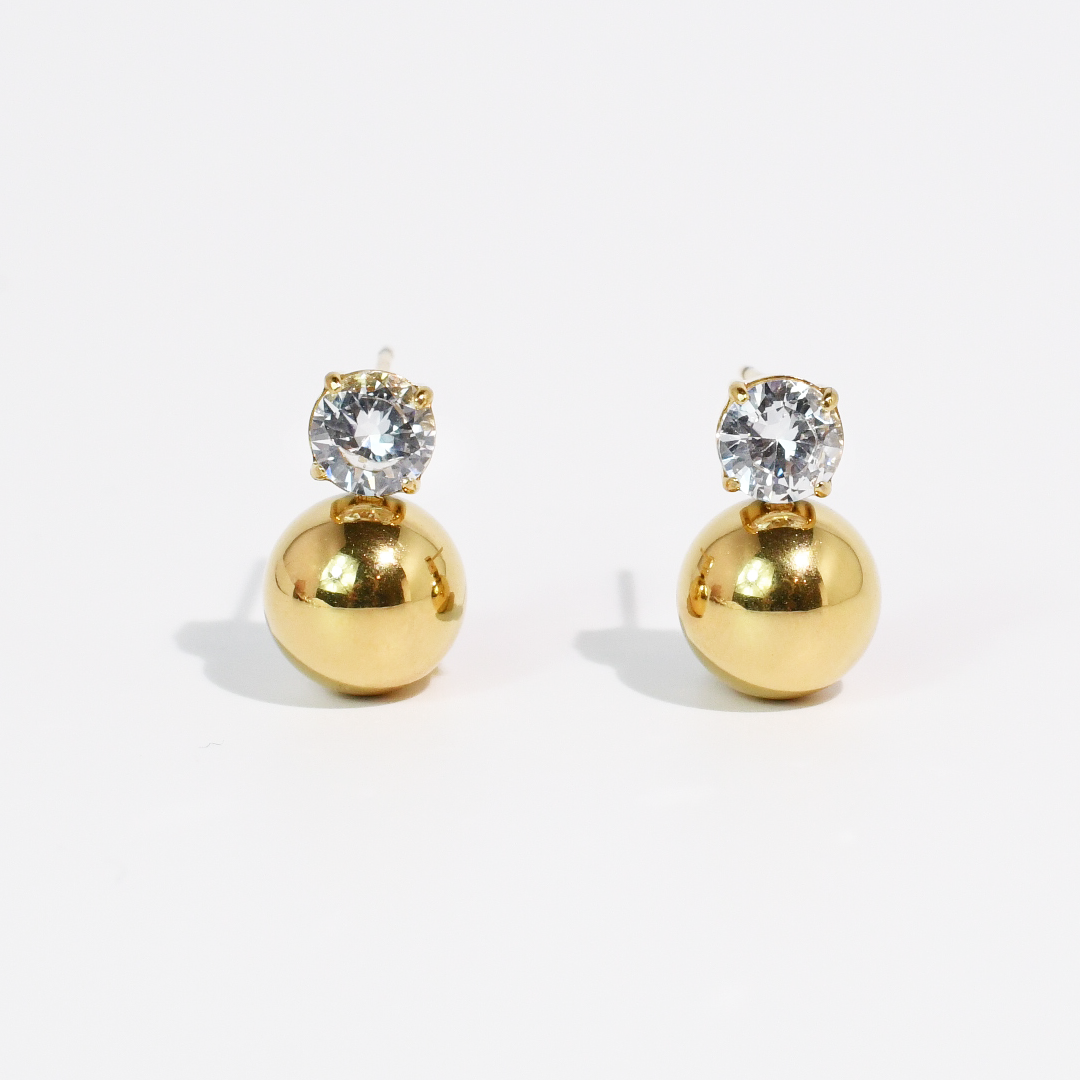 Gold ball earrings with a sparkling crystal top, waterproof stainless steel. Available sizes: small, medium, large.