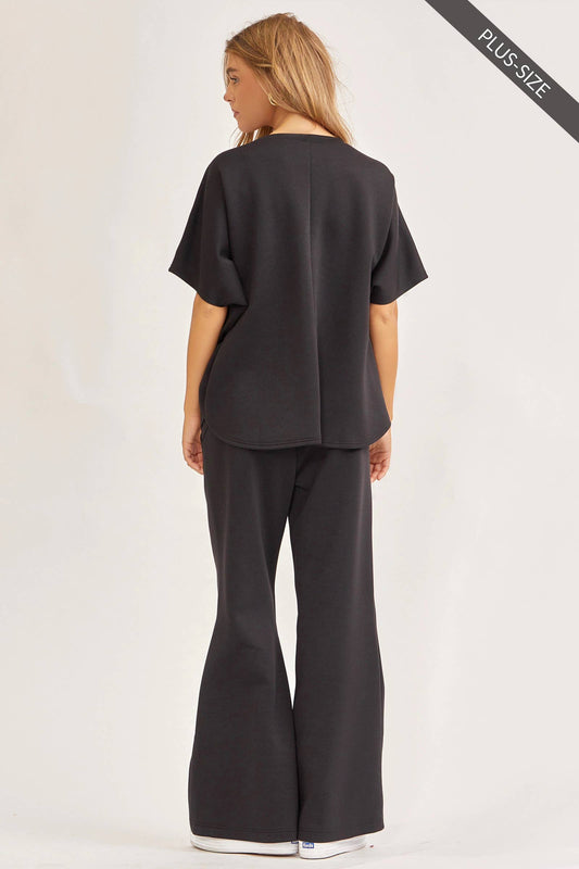 Black Poncho Top + Bell Bottom Modal Set, plus-size, loose-fitting, lightweight; available in sizes 1X–4X.