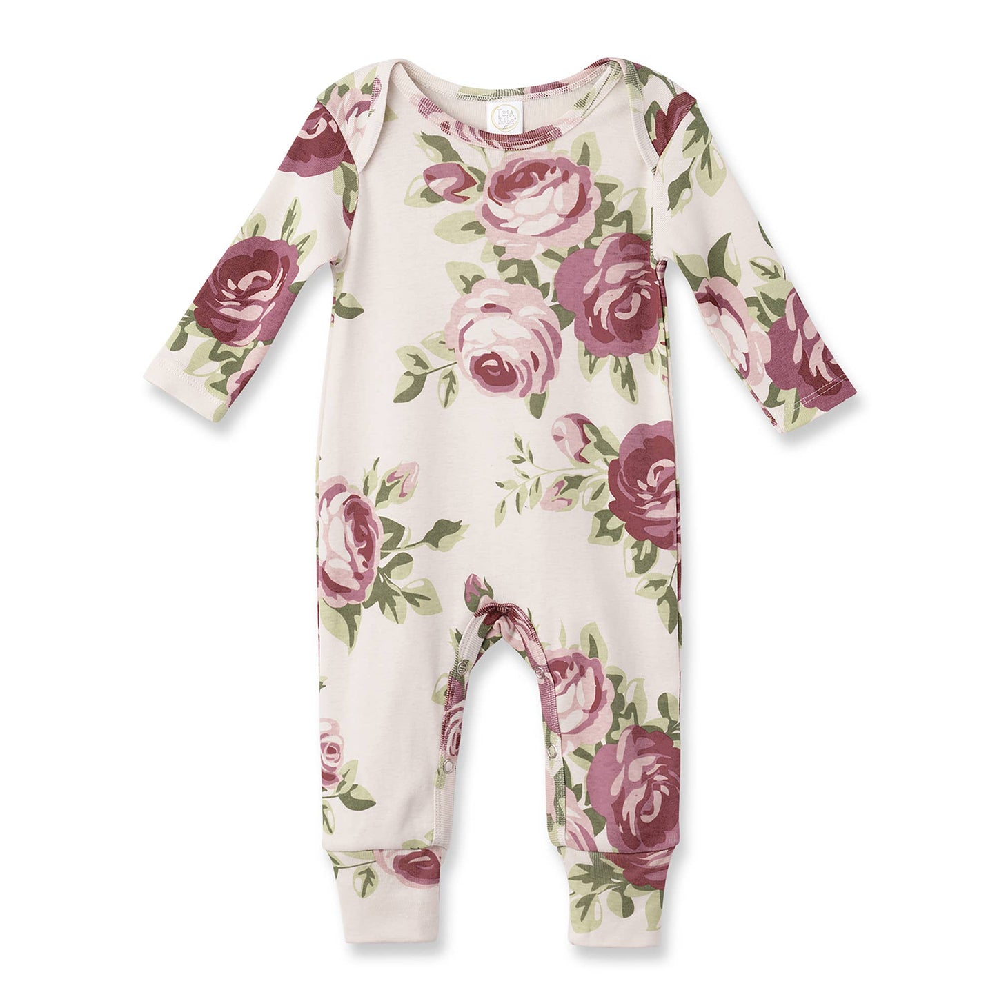 Cream cotton romper with pink and purple floral print, green leaves, soft cuffs; vintage style. Sizes: NB-24M.