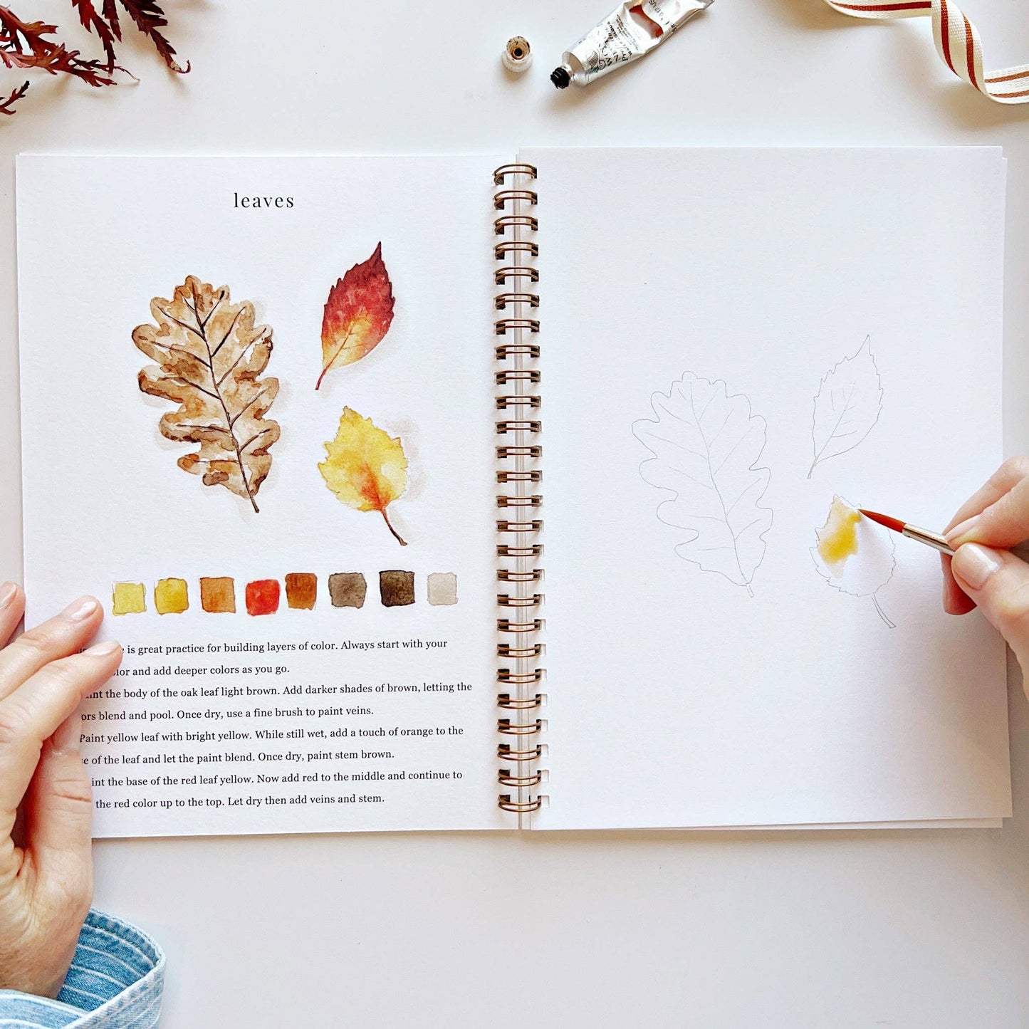 Autumn Watercolor Workbook, spiral-bound, shows fall illustrations and outlines. Available in 8x10 and 9x12 inches.