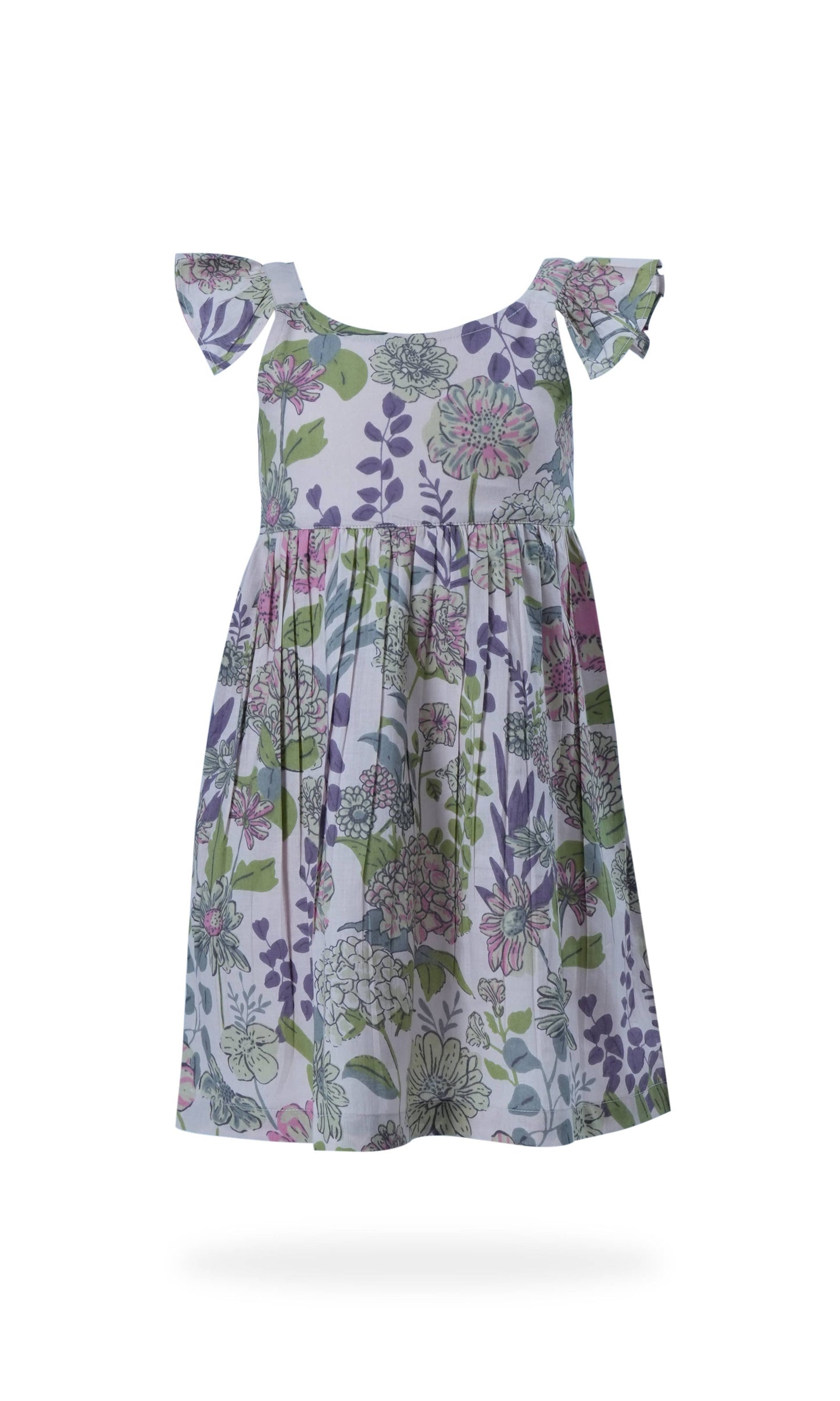 Shay Floral Dress in Lavender: sleeveless baby dress, ruffled straps, purple/green/blue floral print, flared skirt. Sizes: NB-24M.