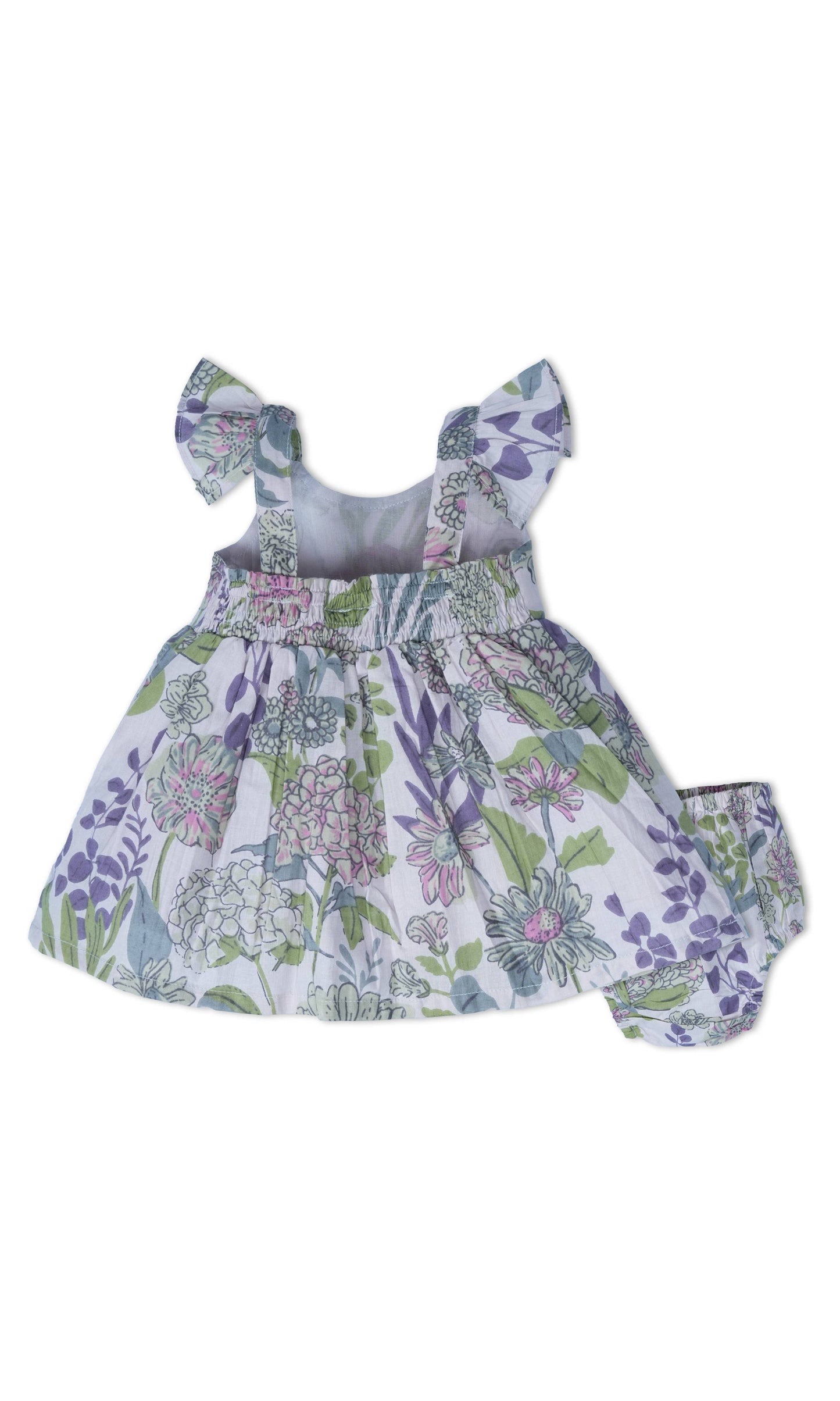 Shay Floral Dress in Lavender: baby dress with flutter sleeves, matching bloomers, purple/green/blue floral print. Sizes 0-24M.