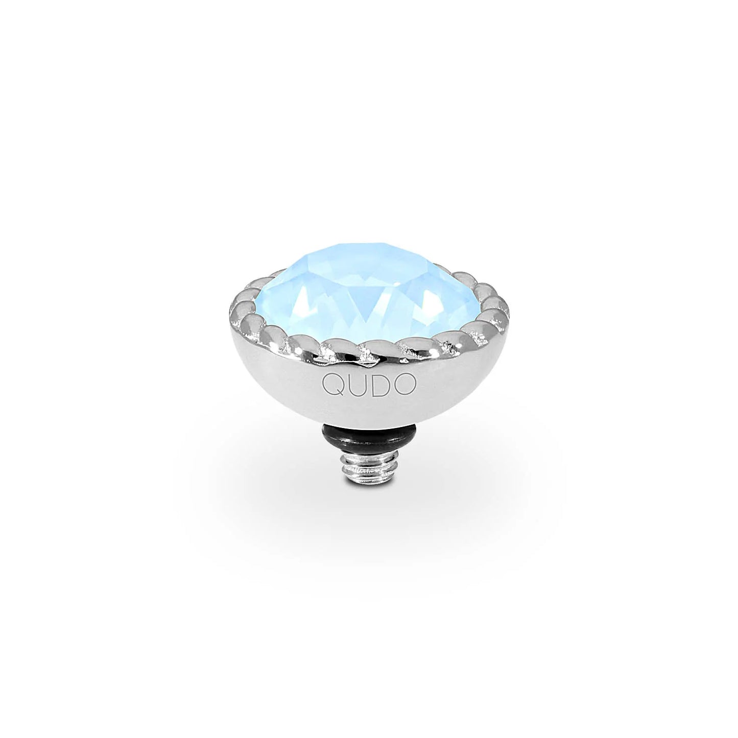 QUDO Interchangeable Tops Bocconi - Silver: Screw base, round light blue faceted crystal, metal border. Sizes: 10mm, 13mm.