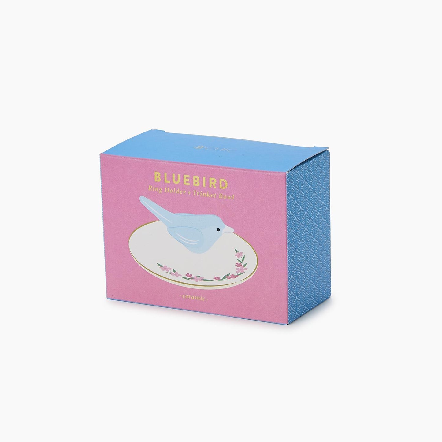 Pastel box with light blue bird and pink flowers, labeled "BLUEBIRD" and "Blue Bird Ceramic Ring Holder." Sizes: S, M, L.