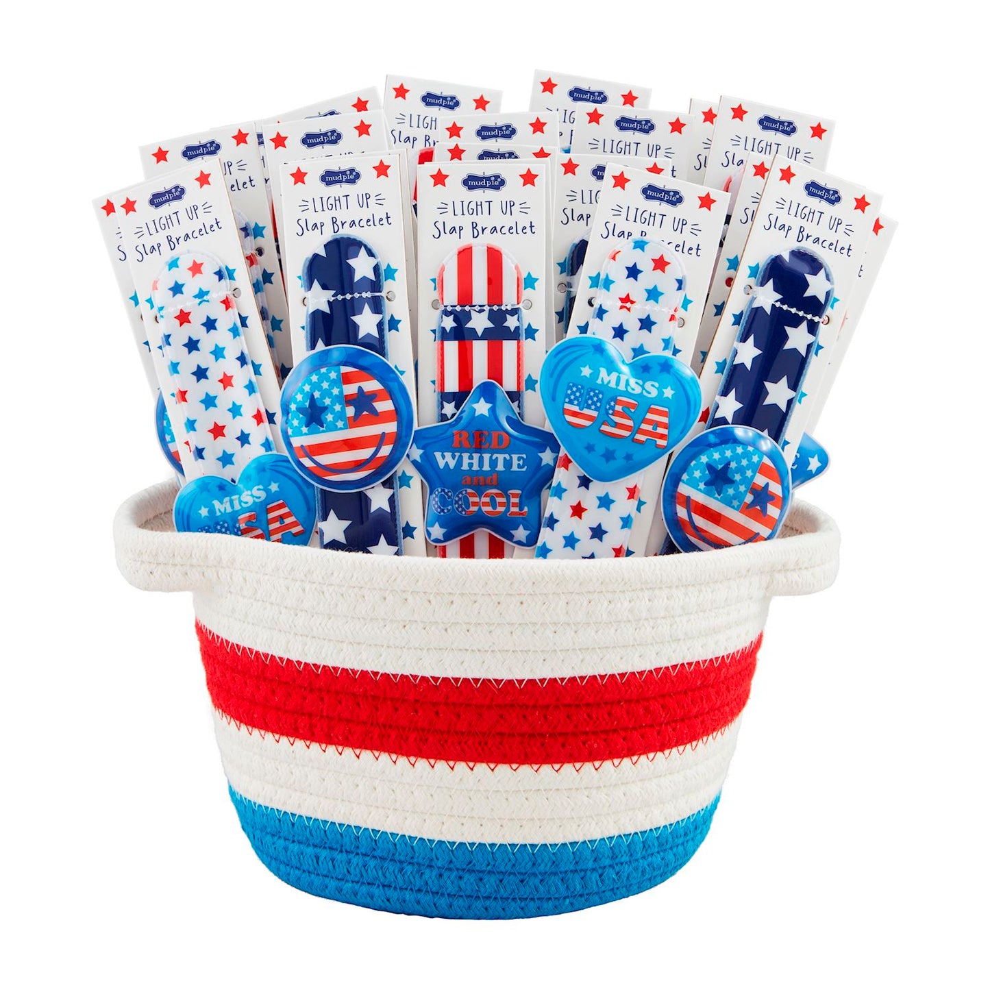 Patriotic Light-Up Slap Bracelets with LED lights, American flag pins, "RED WHITE," "MISS." Available in one size.