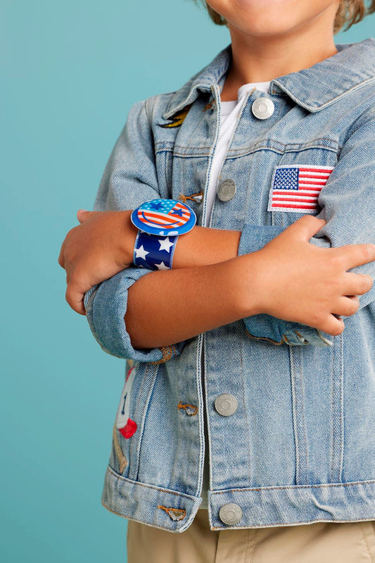 Patriotic Light-Up Slap Bracelet with blue band, stars, red/white/blue shield design. Available in child and adult sizes.