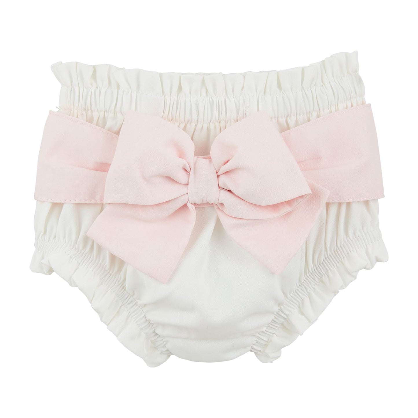 Cotton Poplin Diaper Covers: White with ruched waistband and leg openings, featuring a large contrasting pink bow on the back. Available in sizes: Newborn, 3M, 6M, and 12M.