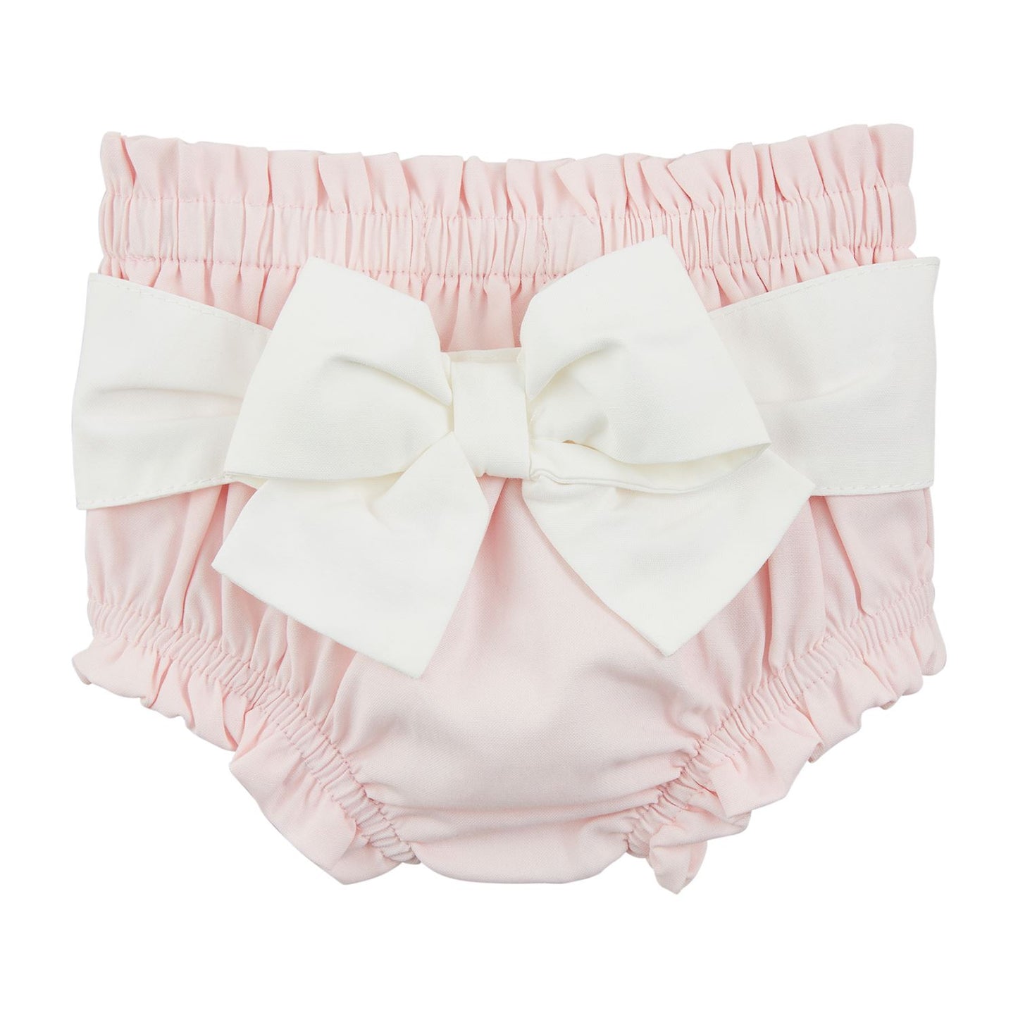 Cotton Poplin Diaper Covers feature an elastic waist and leg openings in soft pink cotton poplin with a contrast white bow on the back. Available sizes: 0-3M, 3-6M, 6-12M, 12-18M.