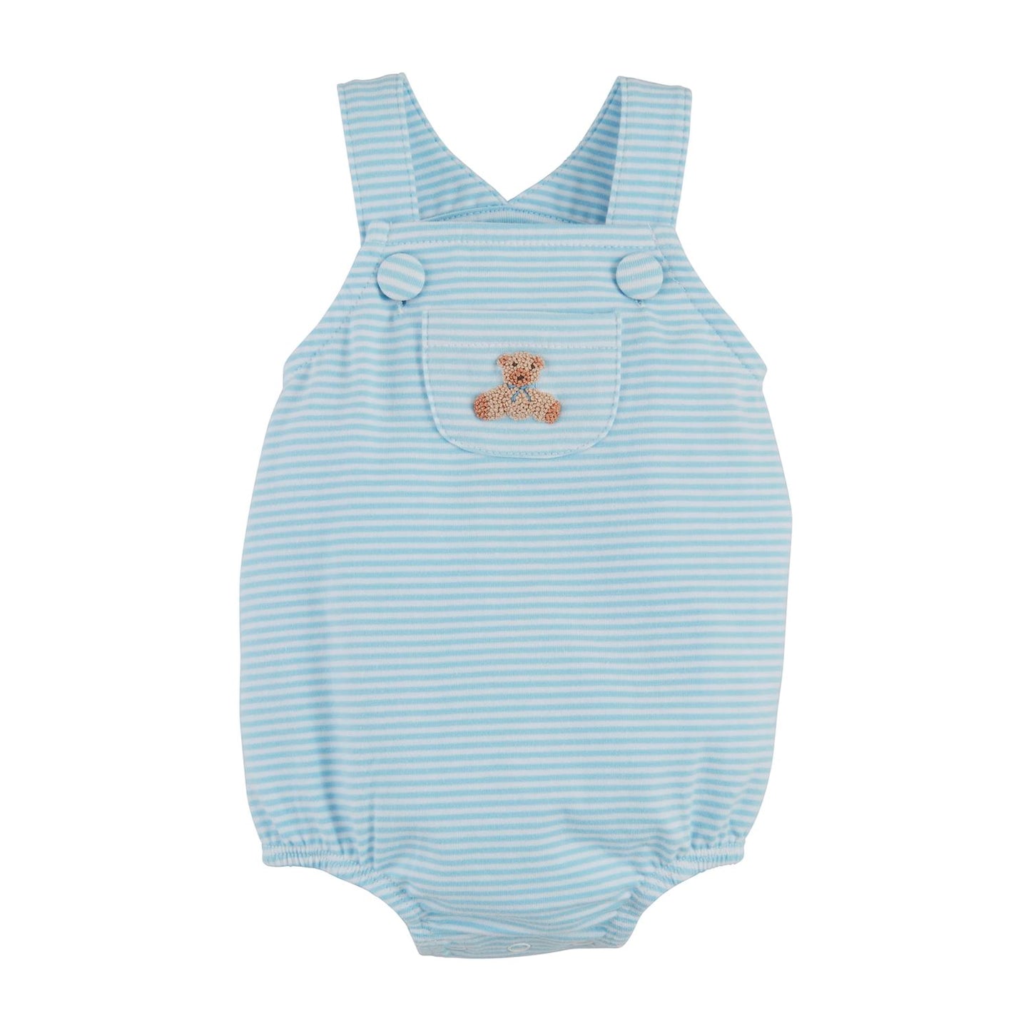 The Stripe Bear Baby Bubble is a light blue and white striped romper featuring shoulder straps, button details, an embroidered teddy bear on the front pocket, and French knot embroidery. Available sizes: 0-3M, 3-6M, 6-9M.