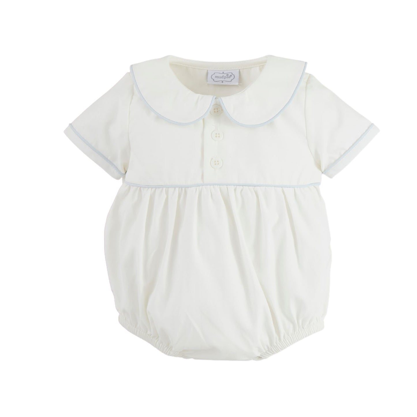 Short-sleeve baby romper with Peter Pan collar, three buttons, elastic legs, blue piping. Available sizes: NB-24M.