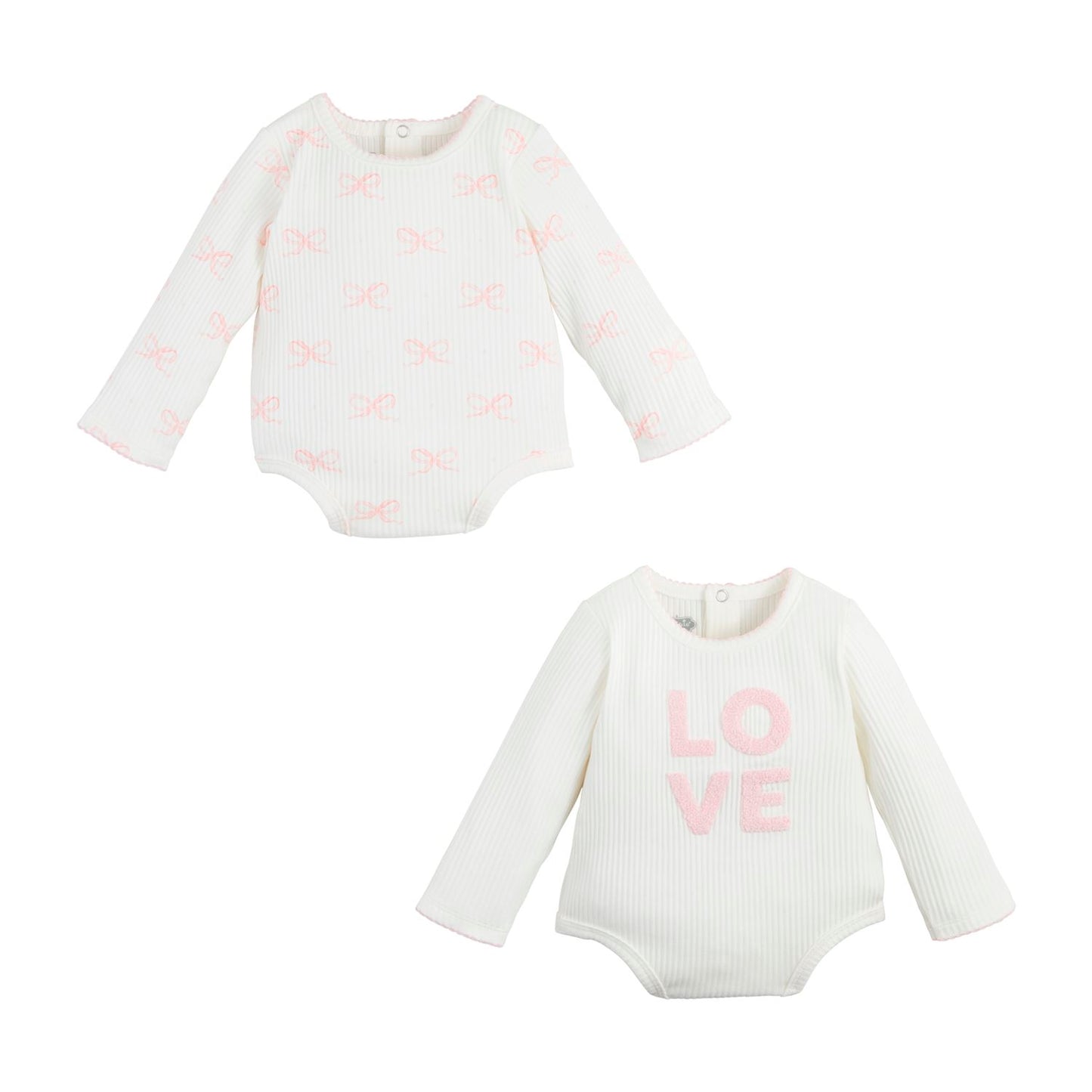 Two white cotton ribbed baby girl bodysuits. One with pink bow patterns, the other with "LOVE" in pink letters. Round necklines and long sleeves. Available in sizes 0-3M, 3-6M, 6-9M, and 9-12M.