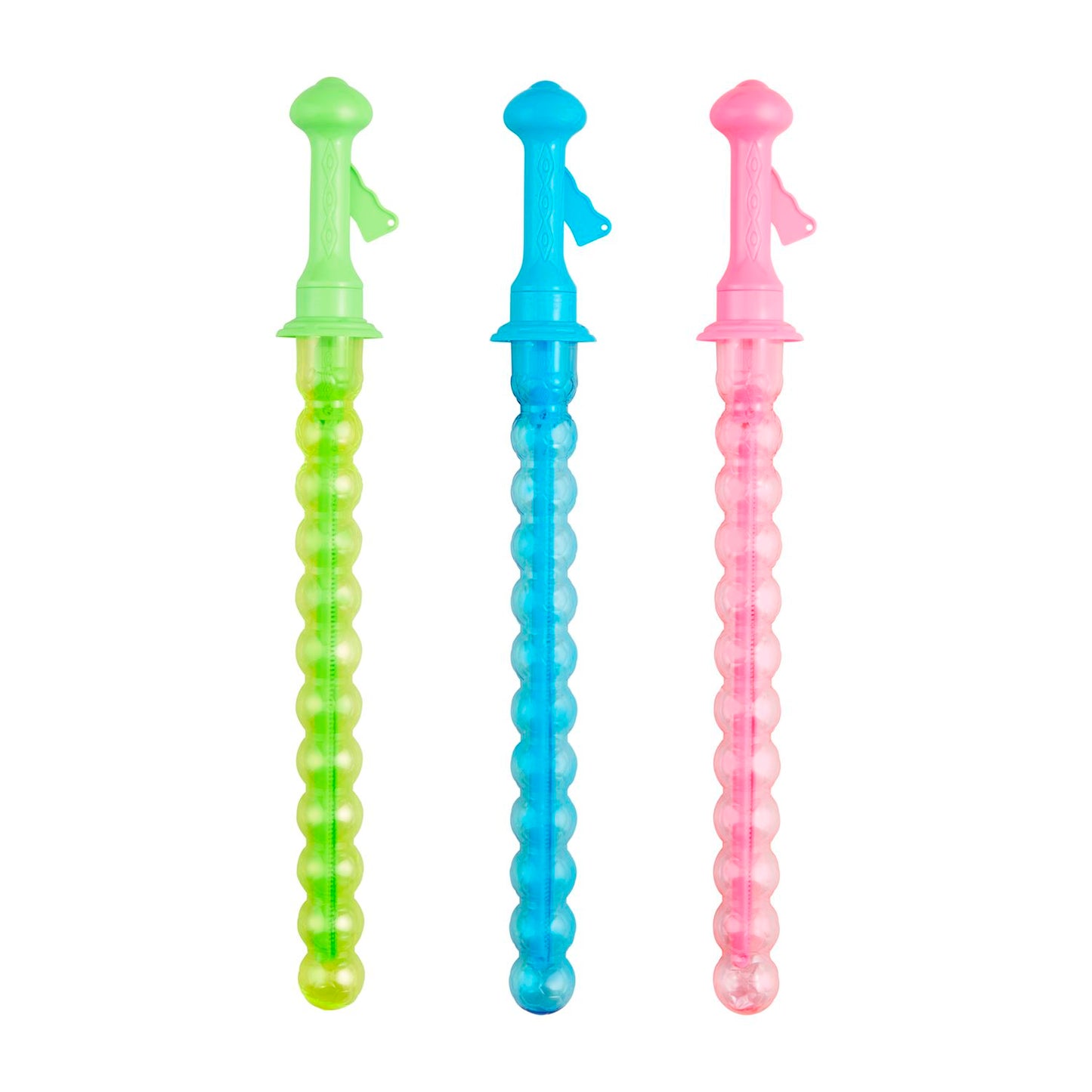The Giant Bubble Wands set includes three translucent wands in green, blue, and pink with trigger-designed handles and segmented stems for bead-like bubbles.