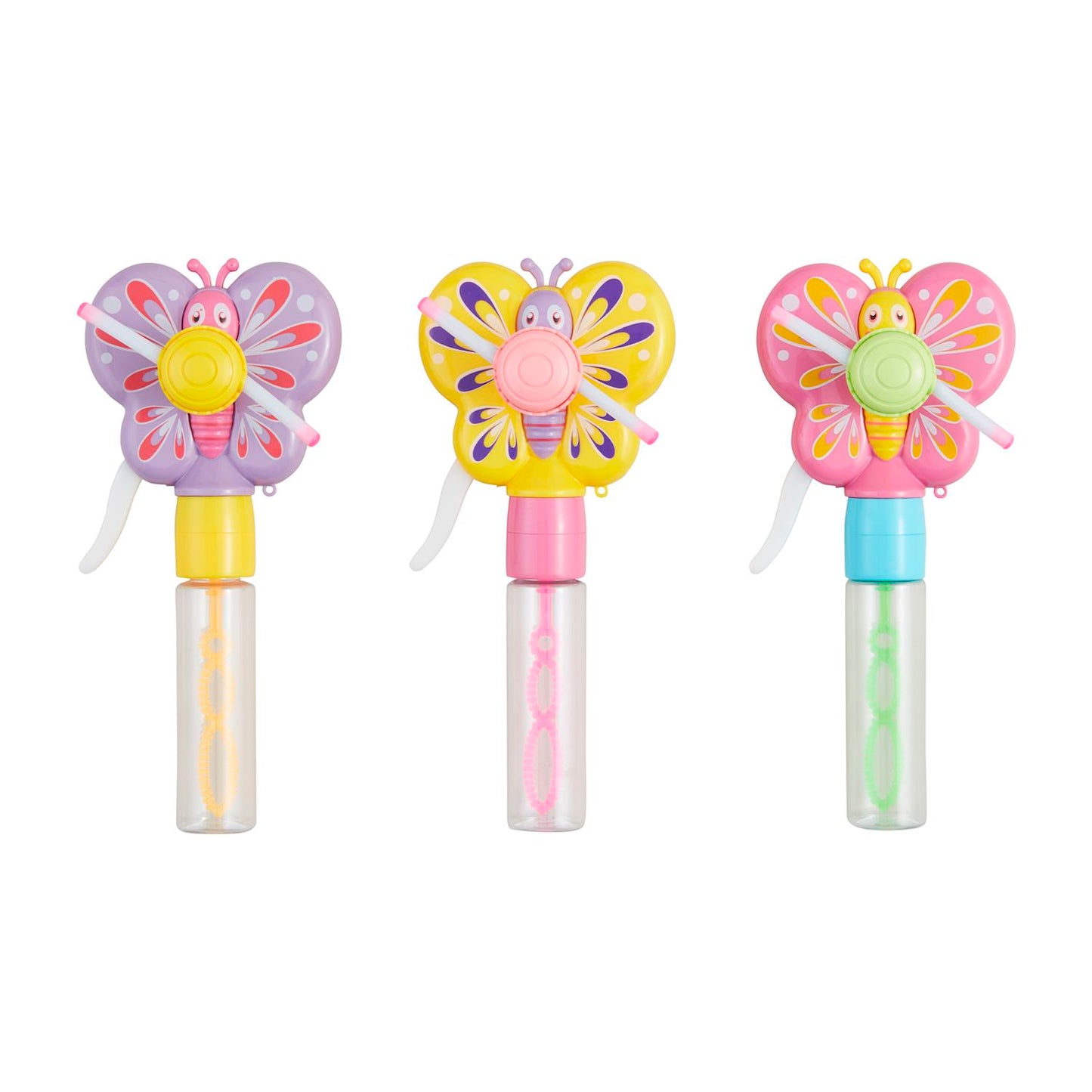 Light-Up Butterfly Bubble Fans: butterfly-shaped, colors: purple, yellow, pink. Features pink propeller, clear handle with internal wand.