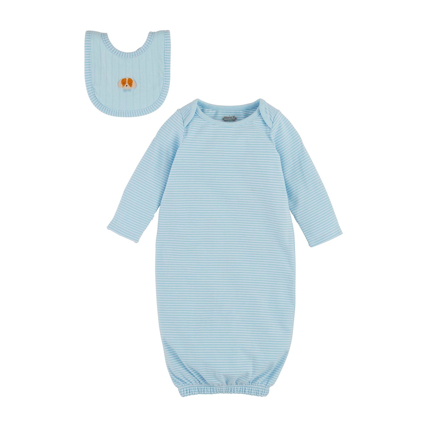The Blue Stripe Dog Take-Me-Home Set includes a light blue, striped long-sleeve jersey sleep gown with a gathered bottom and a matching bib with an orange elephant embroidery. Available in newborn size.