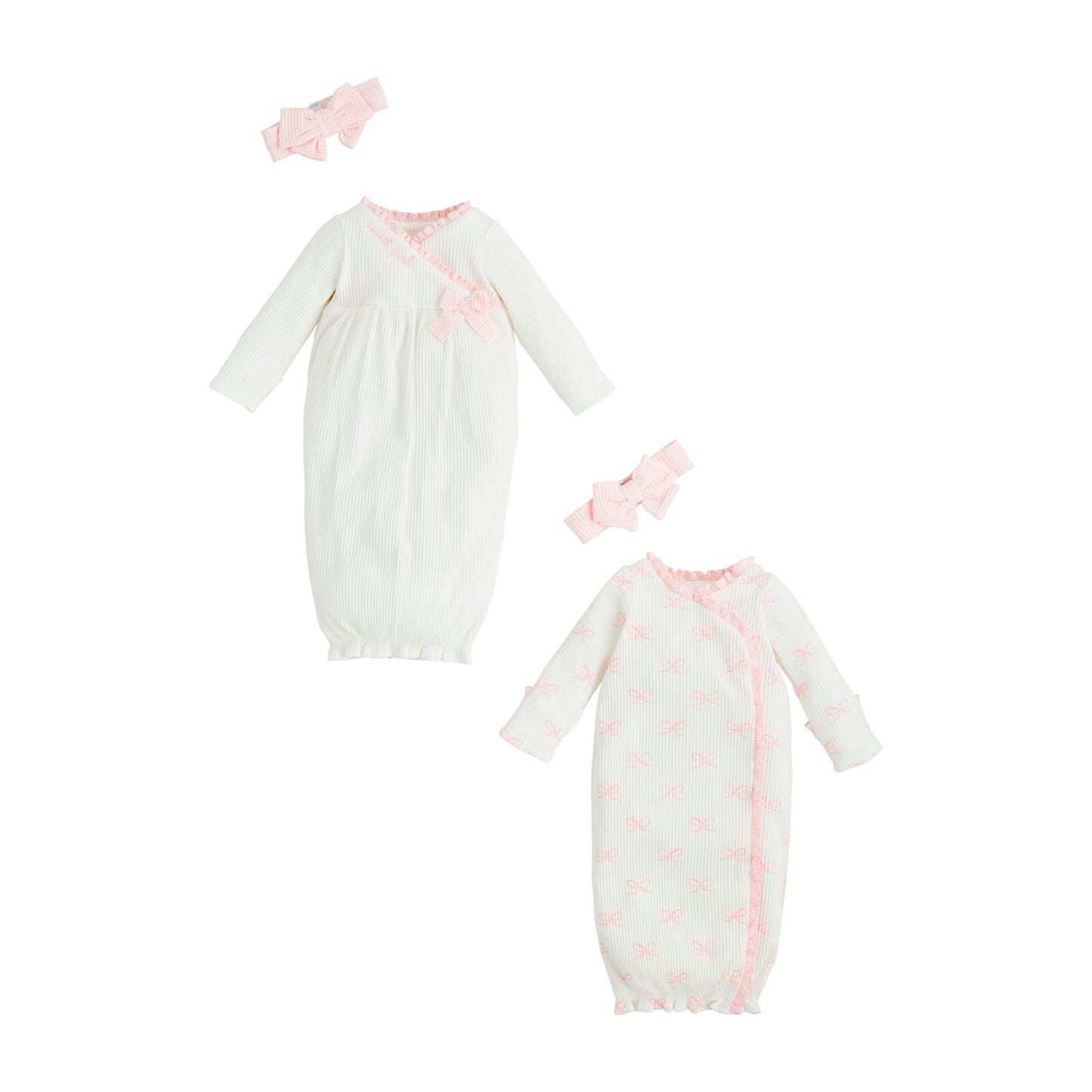 The Bow Take-Me-Home Gown Set includes two cotton rib sleep gowns and matching pink bow headbands. Sizes available: Newborn.