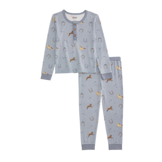 Light blue toddler bamboo pajama set with horse and horseshoe print, buttoned top, elastic pants. Sizes: 2T-5T.