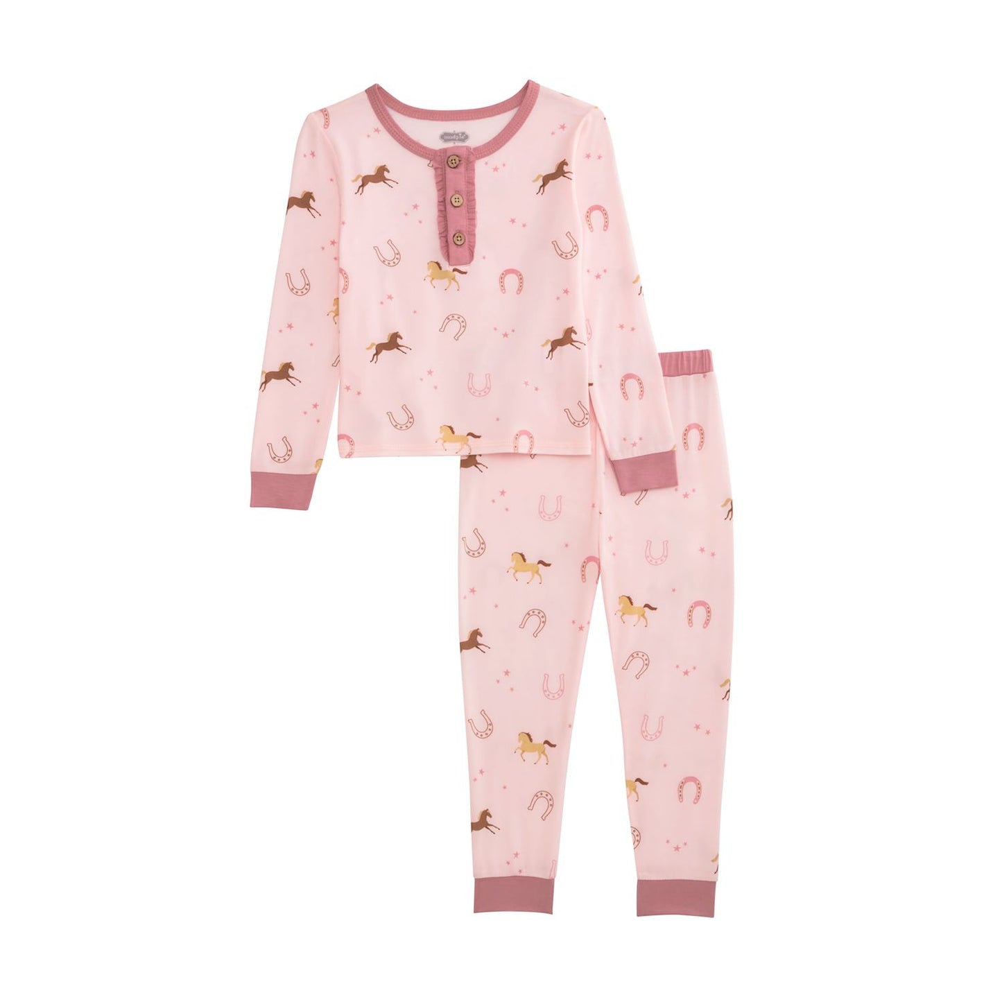 2-piece pink pajama set with brown horses, pink horseshoes, and darker pink trim. Available in sizes 2T–7.