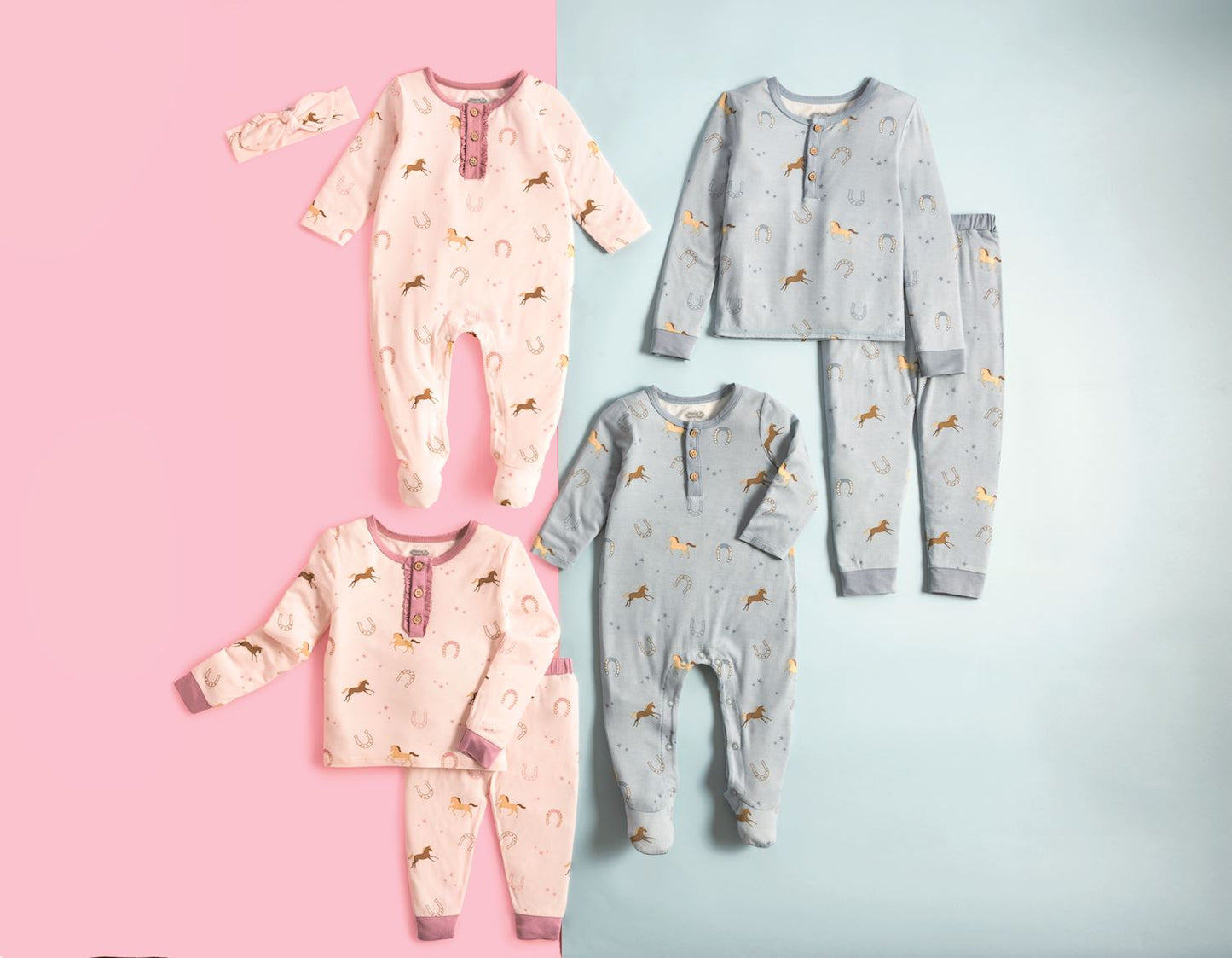 Soft bamboo Horseshoe Pajama Set for babies/toddlers; 4 sets in pink/blue, 3 styles each. Sizes: NB-5T.