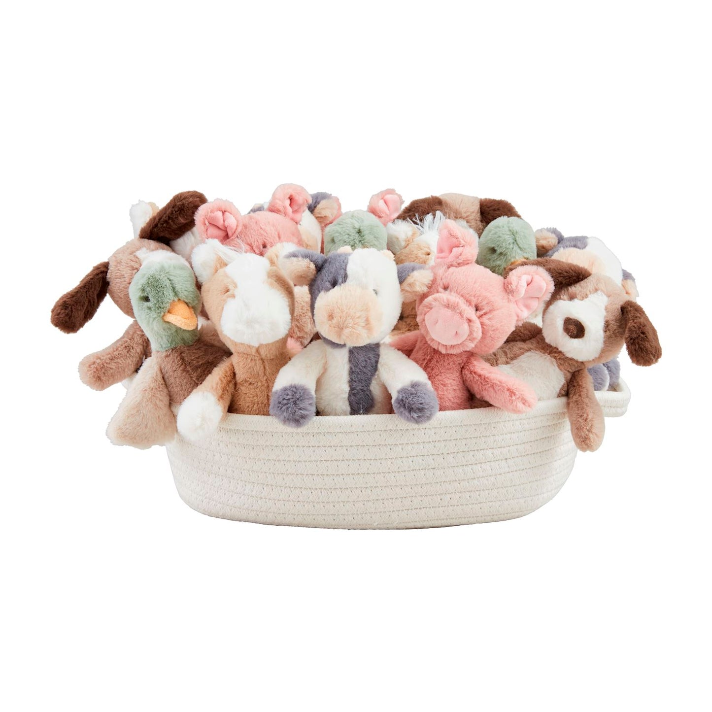 The Farm Plush Rattle Pals set includes a white woven basket with plush pigs, cows, and goats in pastel pink, green, brown, and cream. Sizes available: One size for each plush toy.