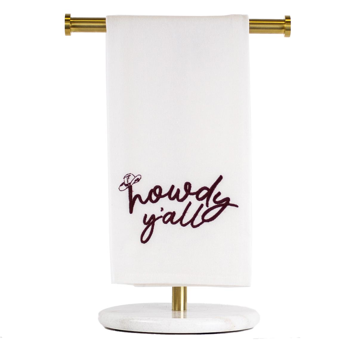 The Howdy Y'all Embroidered Hand Towel features dark red cursive lettering. Available size: Standard hand towel.