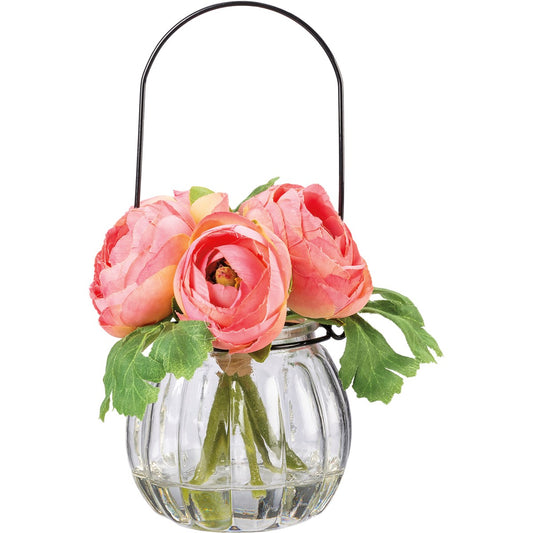 **Pink Ranunculus Vase**
- Material: Clear glass with black metal handle
- Design: Round, ribbed vase
- Contents: Pink ranunculus bouquet with green leaves
- Flowers: Full bloom, vibrant petals
- Sizes available: Small