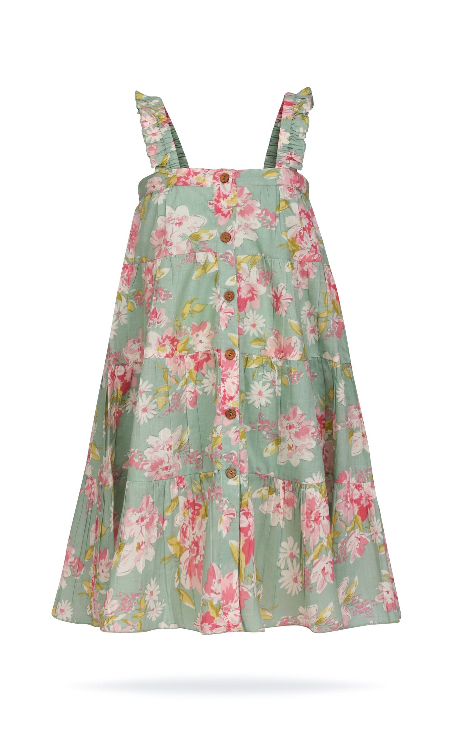 Light green sleeveless cotton infant dress with pink and white floral print, ruffled straps, front buttons. Sizes: 0-24M.
