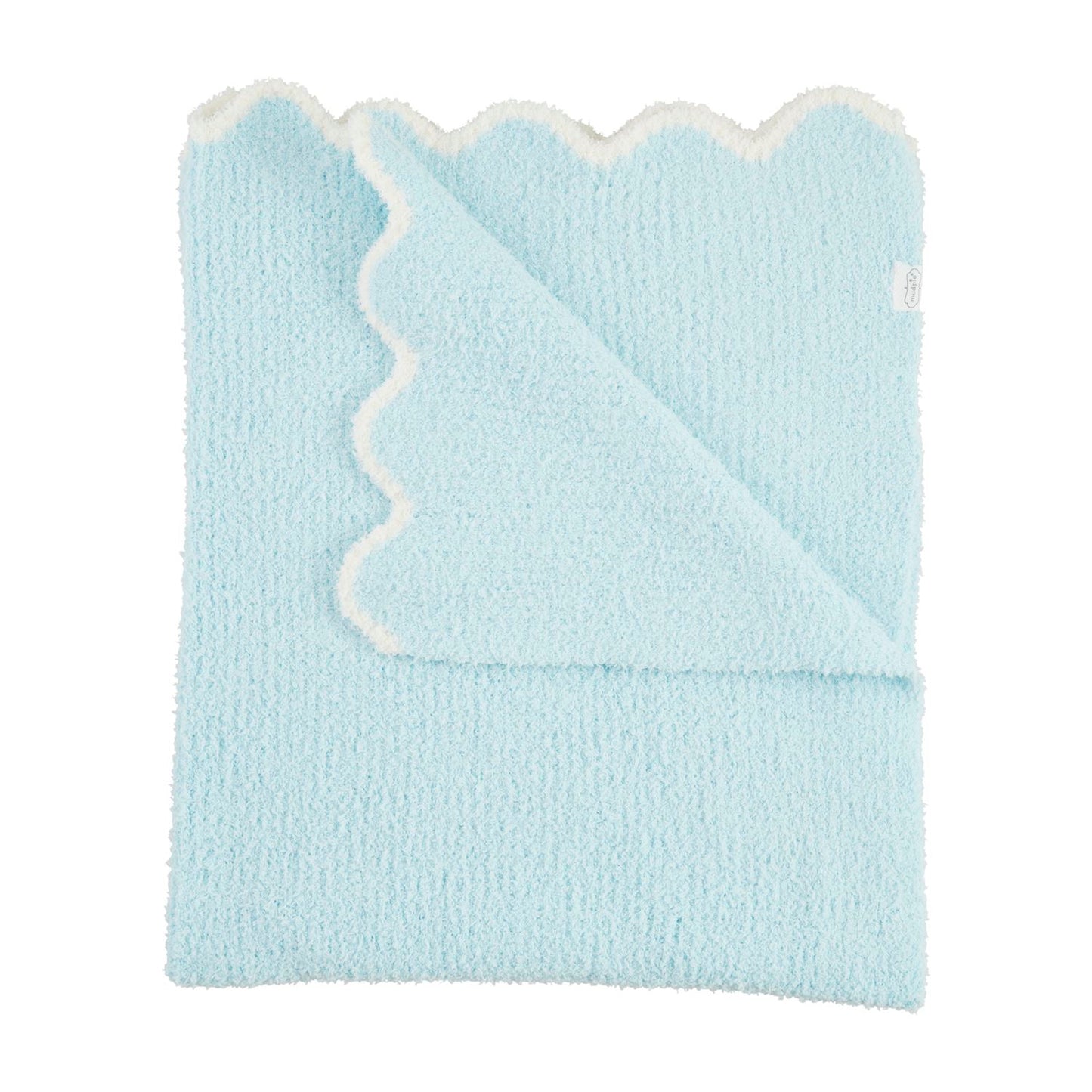 The Scallop Chenille Blanket in light blue features a textured design with elegant scalloped edges. Available sizes: Twin, Full/Queen, King.
