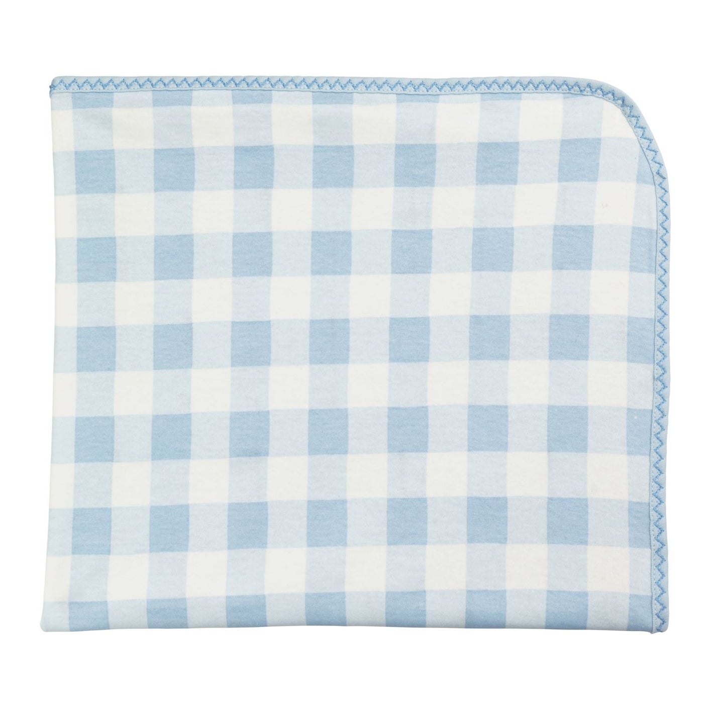 Folded cotton baby blanket with blue and white gingham pattern, stitched curved edge. Sizes available: small, medium, large.