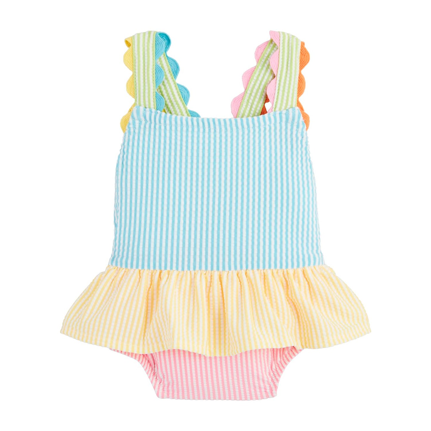 The Girls' Seersucker Ric Rac Swimsuit features pastel stripes in blue, yellow, and pink, with scalloped green and yellow shoulder straps, a ruffled yellow skirt overlay, and ric rac trim. Available in sizes 2T to 12.