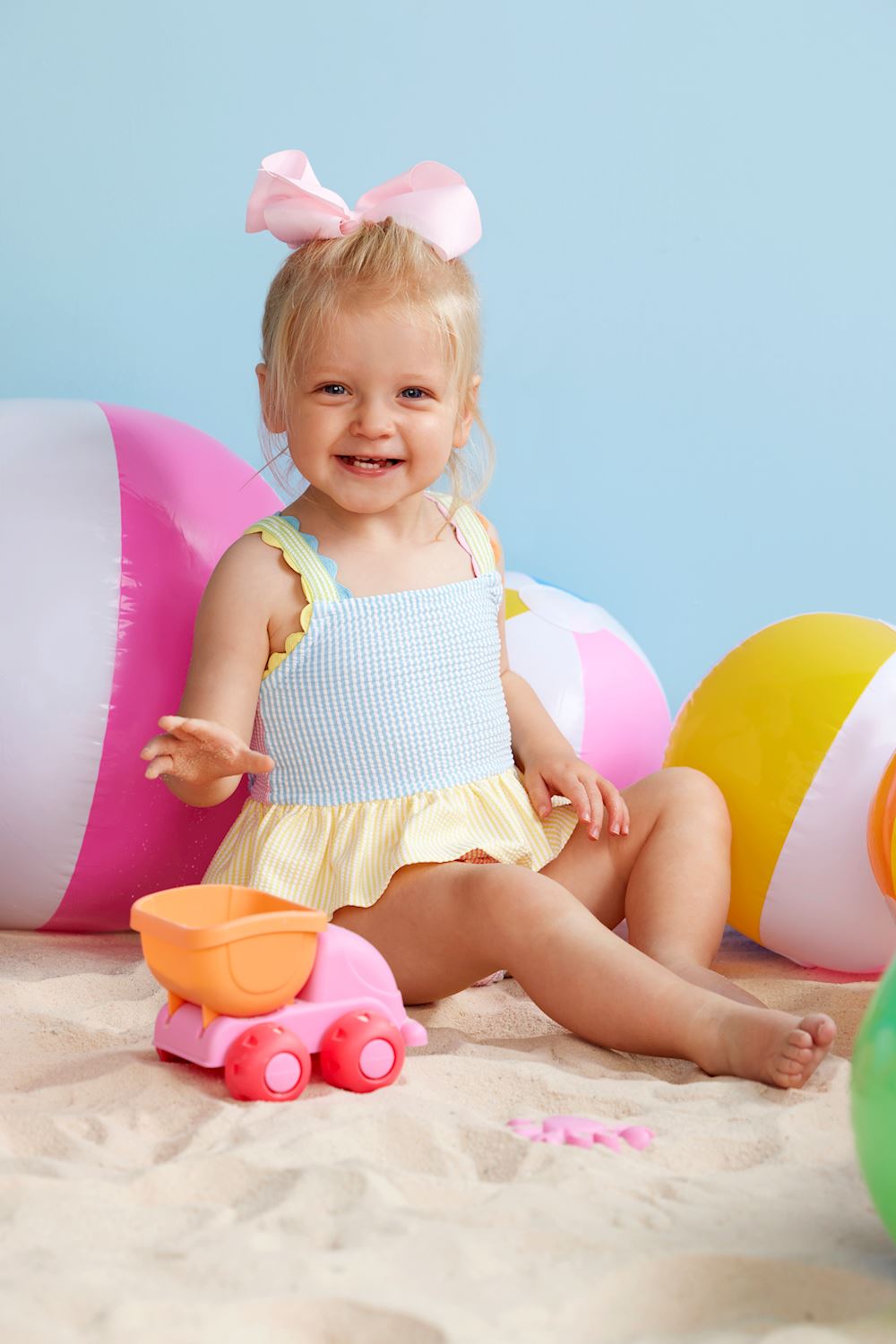 Girls' Seersucker Ric Rac Swimsuit, blue and yellow. Sizes available: 2T, 3T, 4T, 5T.