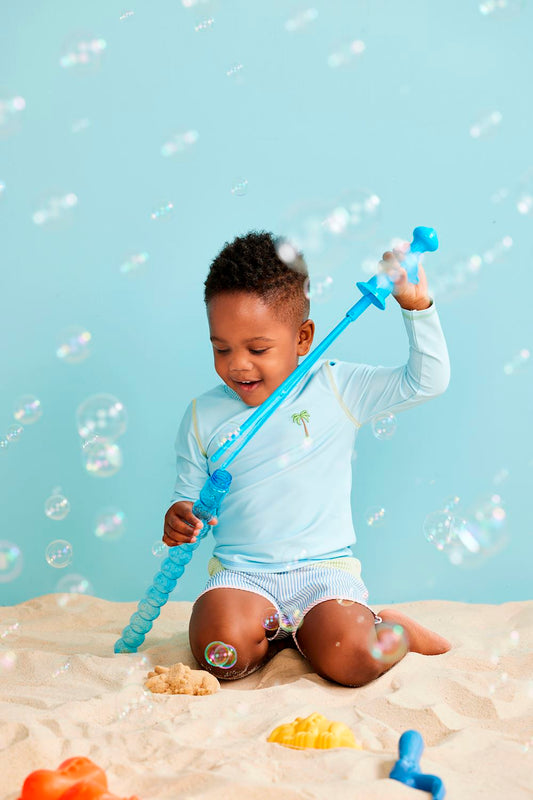 Seersucker Rash Guard & Swim Trunks Set for young children. Sizes available: 2T, 3T, 4T, 5T.