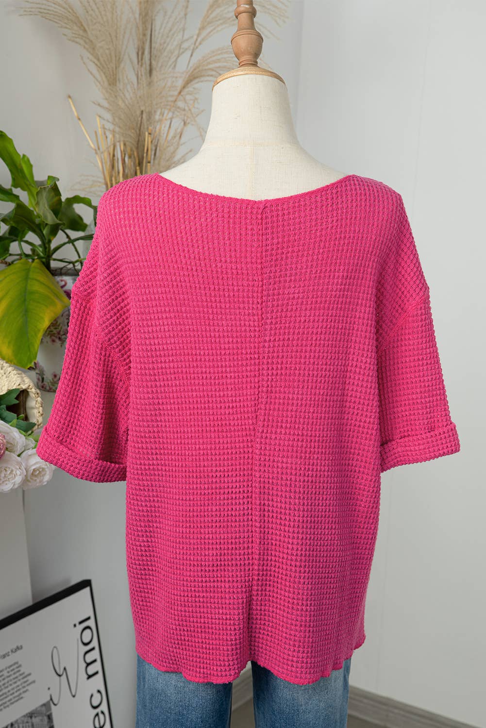 Women Textured Knit Split Neck Short Sleeve Top