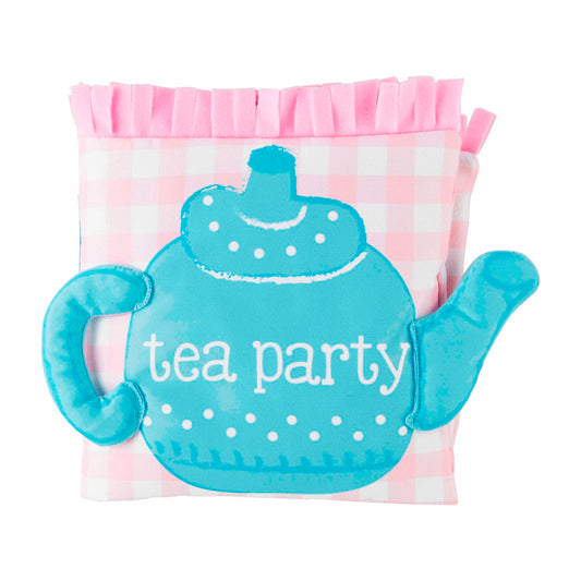 A colorful Tea Party Book tablecloth with a pink border and a blue teapot design in the center that reads "tea party," designed in a playful, whimsical style.