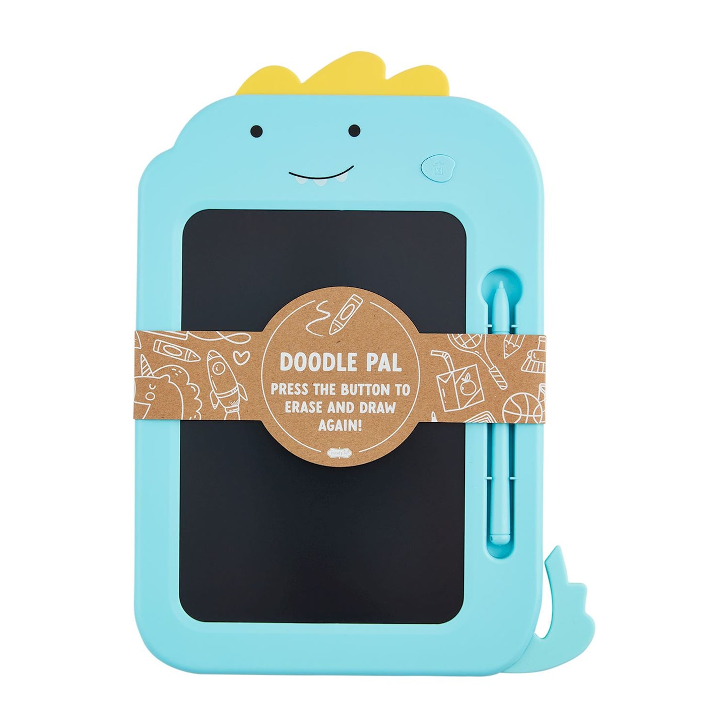 Blue Doodle Board - Design: Dinosaur with yellow ridge, smiling face - Features: Attached stylus, press to erase - Size Available: One size.