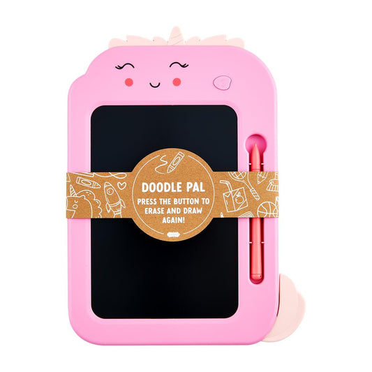 The Doodle Board is pink with a cartoon face and ears, featuring a black screen and a red stylus. A brown band across the top reads "DOODLE PAL, press the button to erase and draw again!" Available in size: 12 inches.