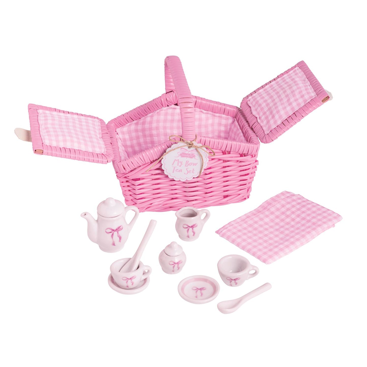 Mini Bow Tea Set: pink wicker basket with gingham lining, pink & white ceramic tea set. Sizes available: mini.