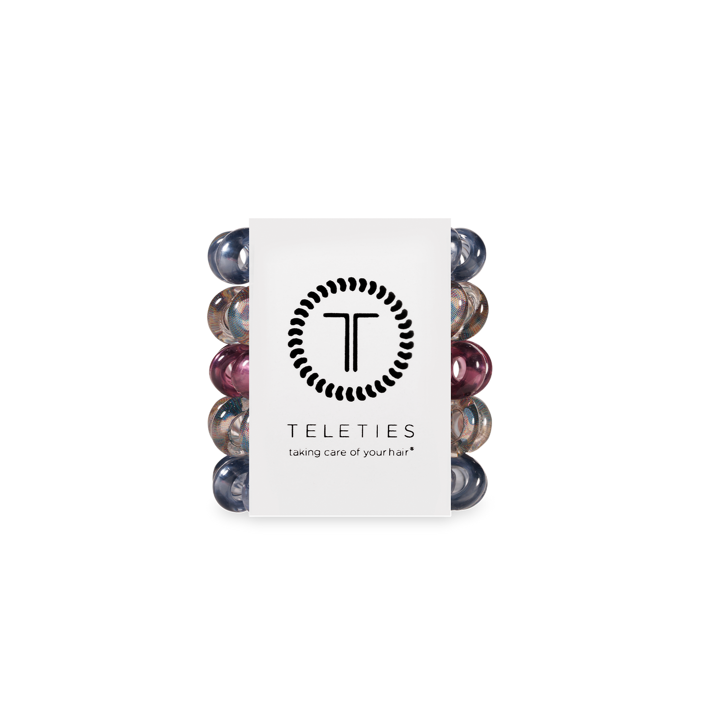 TELETIES Hair Ties 5-pack, thick, colorful coils. White logo label reads “taking care of your hair.” Available in multiple sizes.