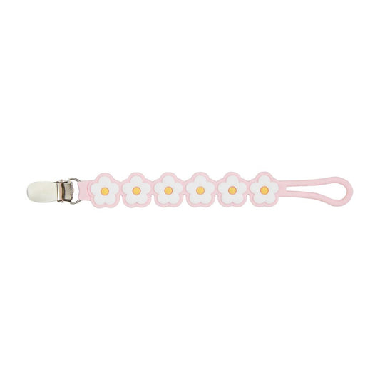A Pink Daisy Paci Strap featuring a row of pink and white flowers connected by a pink silicone pacy strap with a metal clip on one end. The background is plain white.