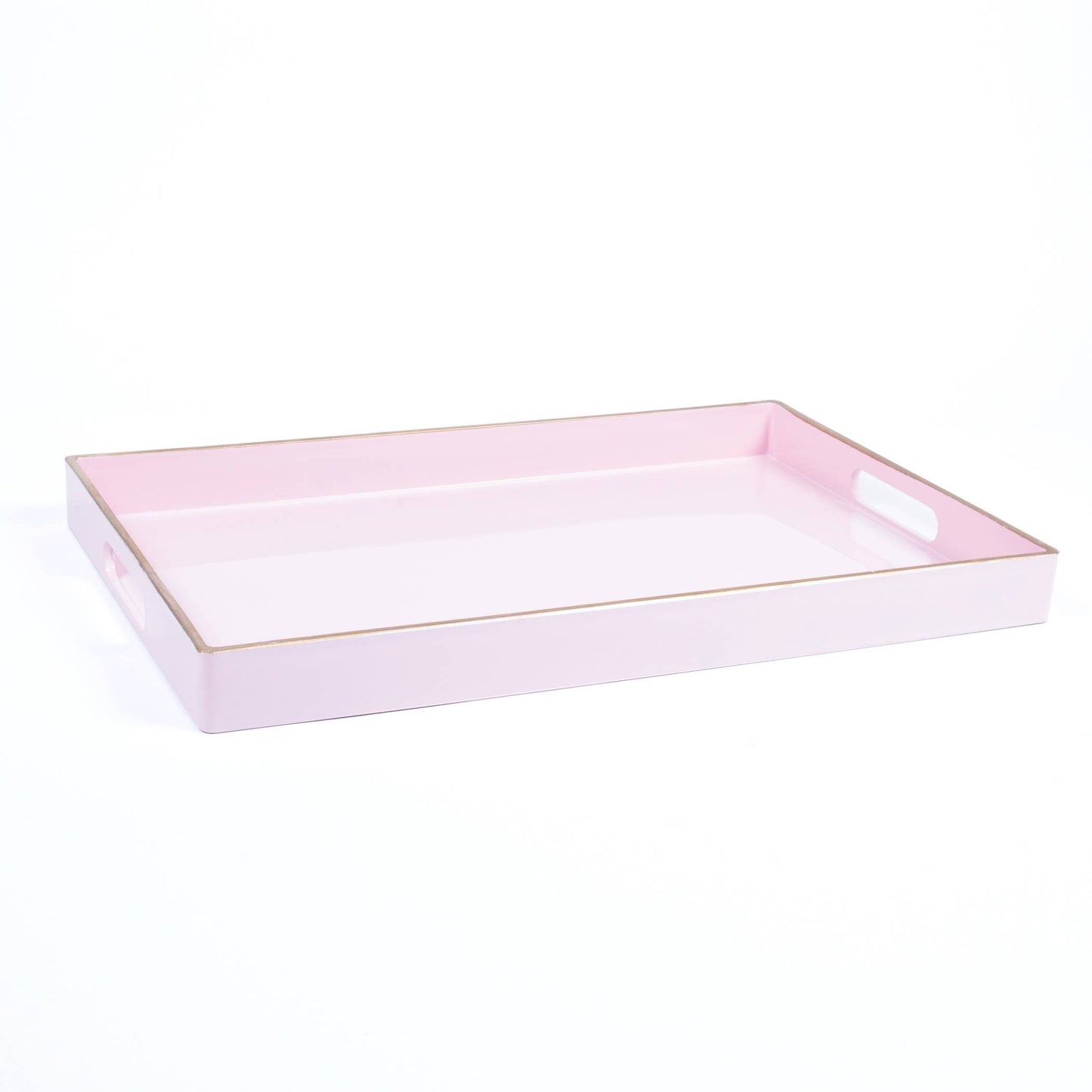 Pink resin tray with gold trim and cutout handles on short sides. Available sizes: Small, Medium, Large.