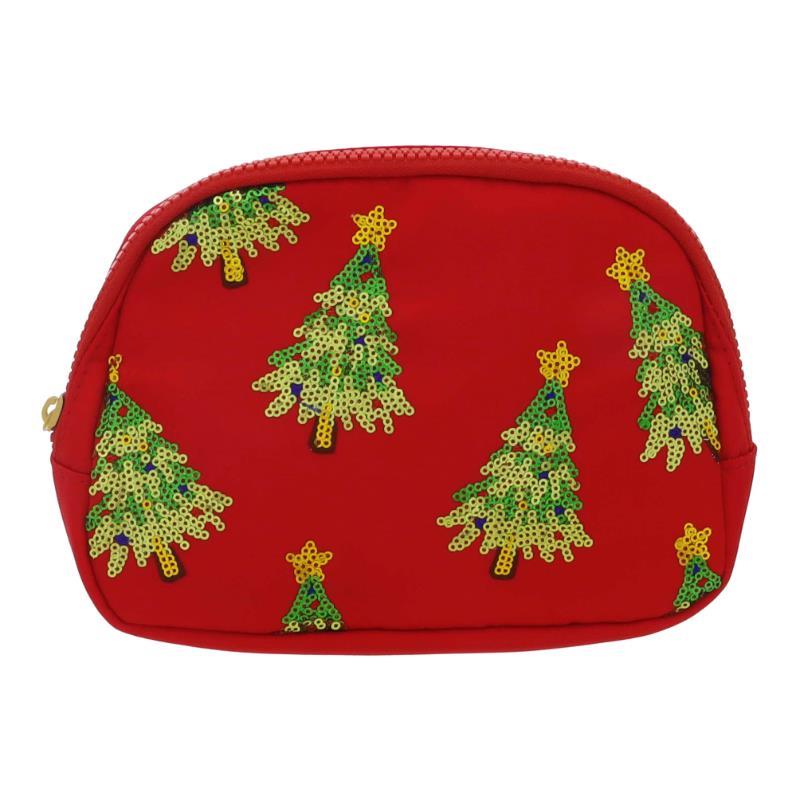 The Festive Holiday Belt Bags feature red zippered pouches with sequined Christmas tree designs topped by a yellow star. Sizes available: Small, Medium, Large.
